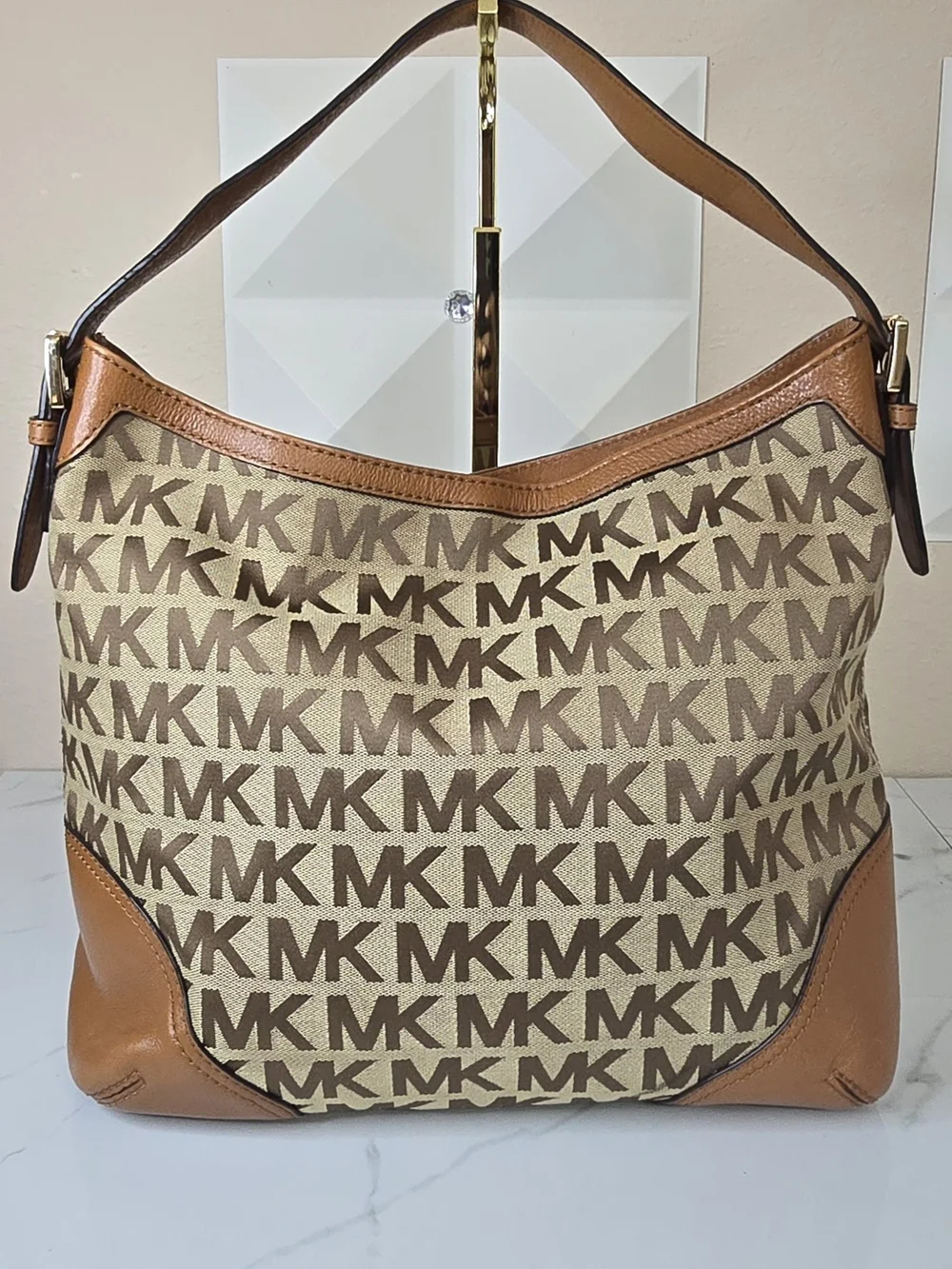 Michael Kors Large Logo Jacquard Hobo Shoulder Bag Tan Brown MK Monogram